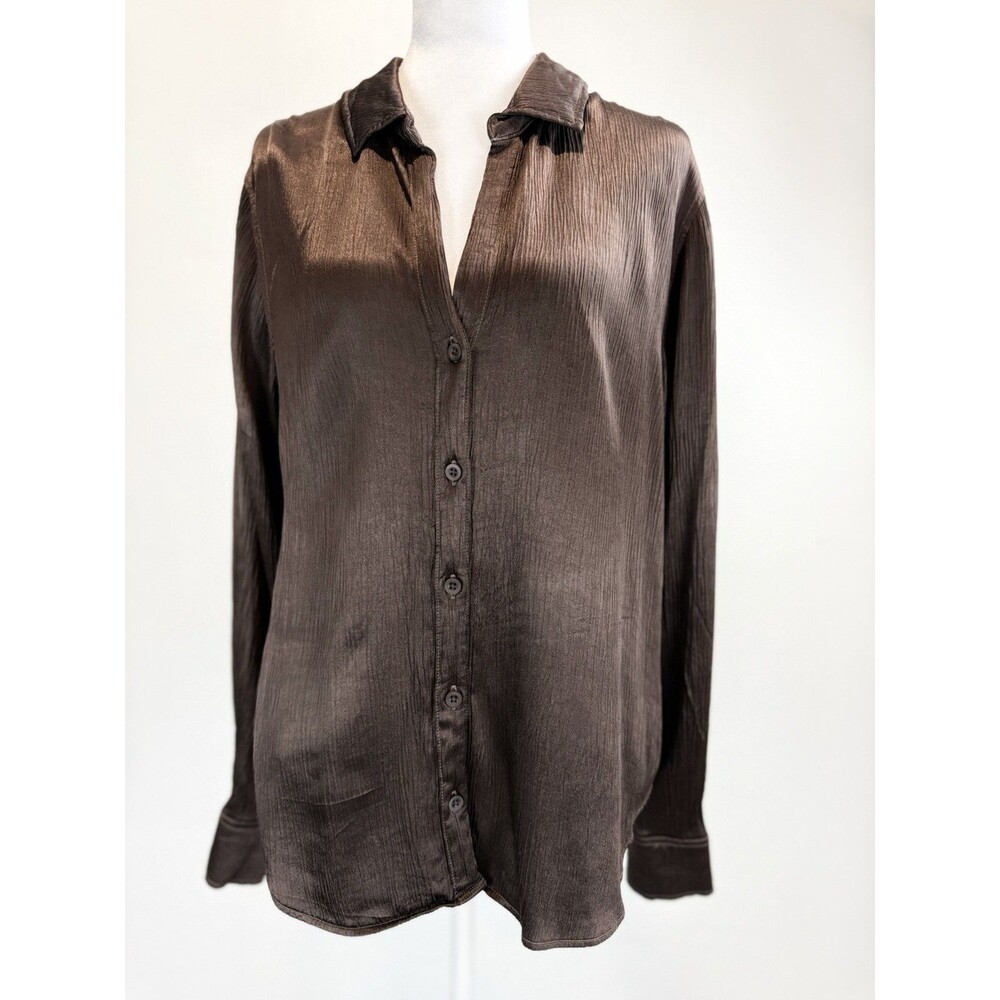 Cloth & Stone Brown Crinkle Satin Button Front Blouse Large